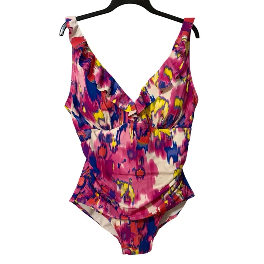 DKNY Ruffle Neck One-Piece Floral Slimming UV Protection Swimsuit - Picture 2 of 12